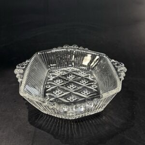Vintage Anchor Hocking Beaded Block Clear Depression Glass Dish w Handles